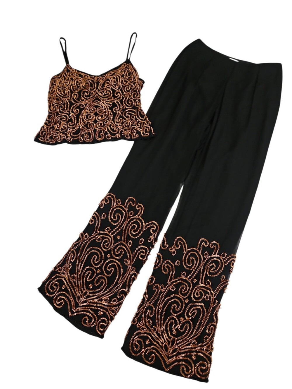 Cache 100% Silk Black Wide Leg Pants & Beaded Tank Top 2pc Set Sz 6 Womens